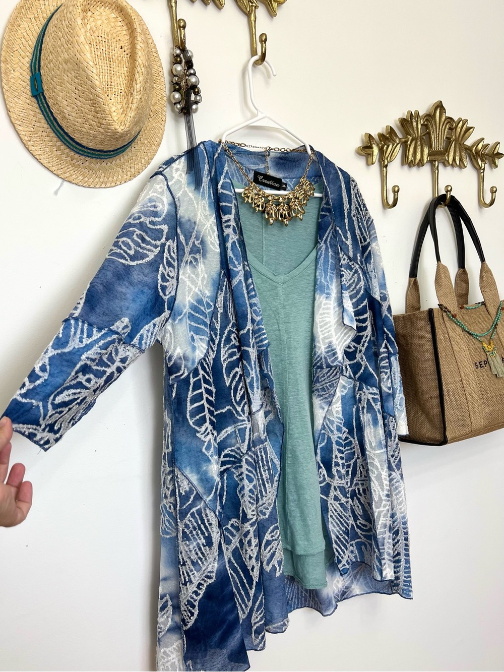 Blue Leaf Cardi Textured sheer fabric with raised embroidered detailing. xl.